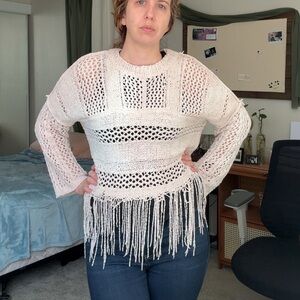 Fate Textured Fringe Sweater in Cream small NWT open knit